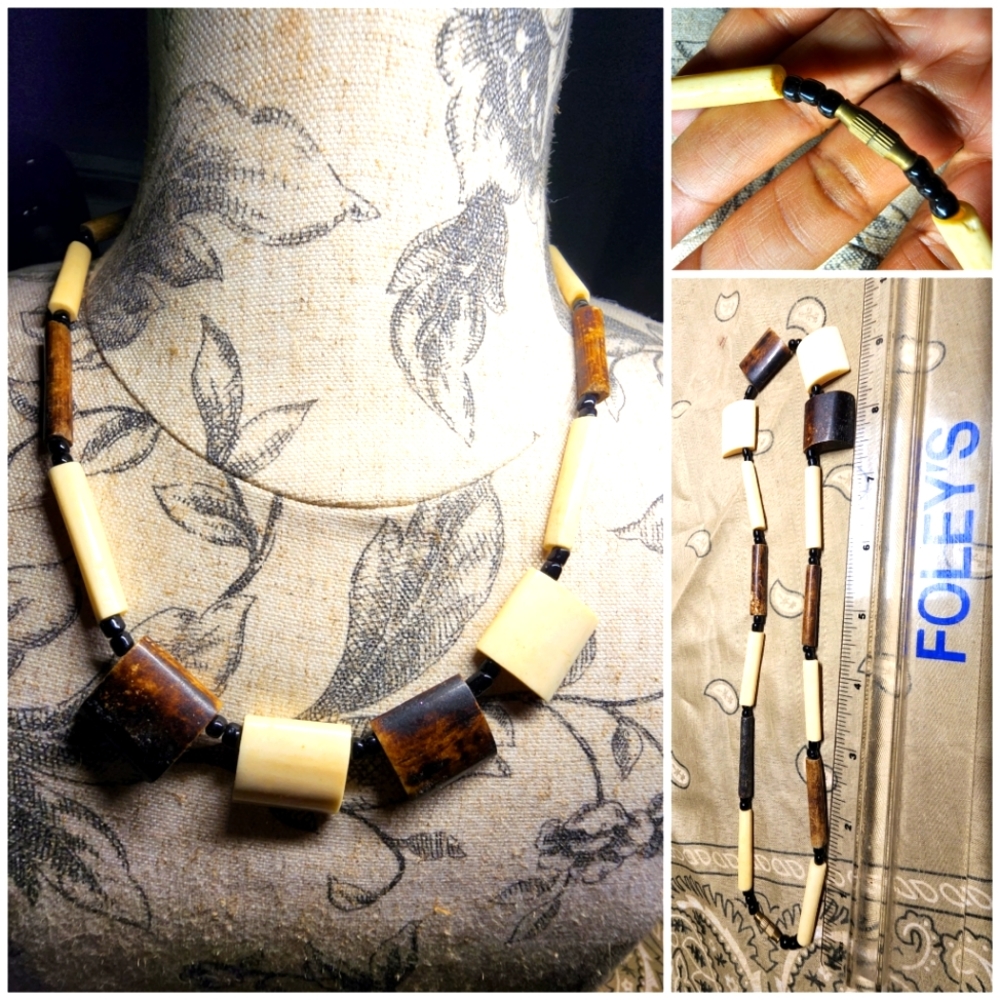 Wood-Look Tribal-Style, Necklace, About 9" Hang Fastened